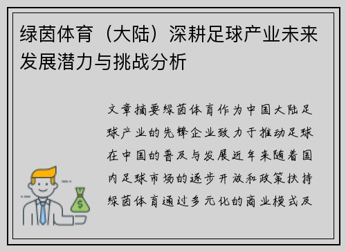 绿茵体育（大陆）深耕足球产业未来发展潜力与挑战分析